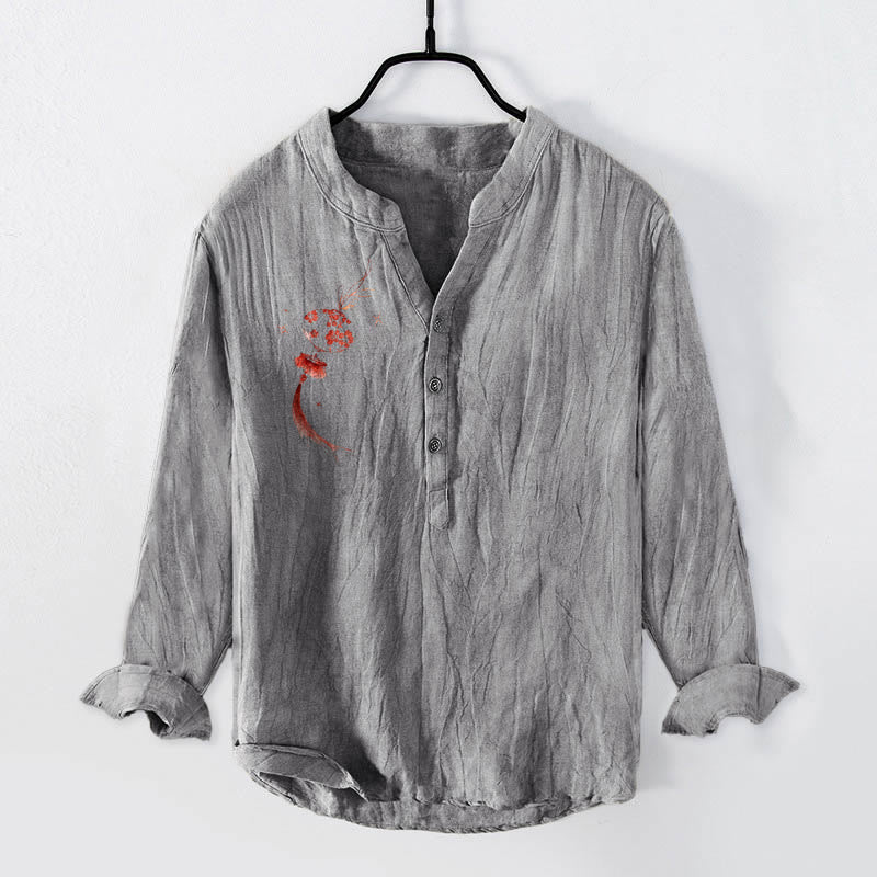 Camicia da uomo in cotone e lino a maniche lunghe con motivo a lanterna con fiori rossi Buddha Stones - Grigio - US/UK/AU50, EU60 (5XL) - image 6