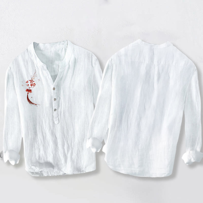 Camicia da uomo in cotone e lino a maniche lunghe con motivo a lanterna con fiori rossi Buddha Stones - image 2