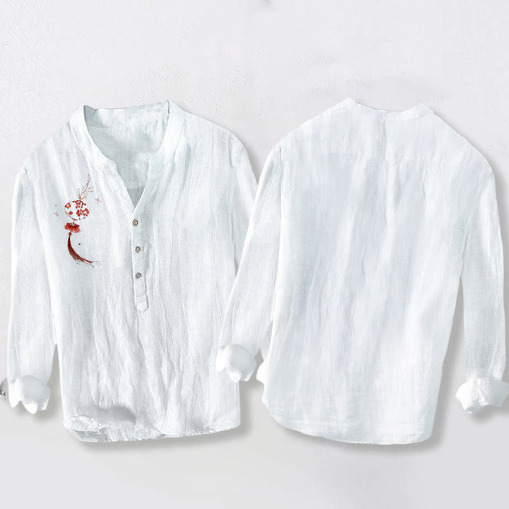 Camicia da uomo in cotone e lino a maniche lunghe con motivo a lanterna con fiori rossi Buddha Stones - image 2