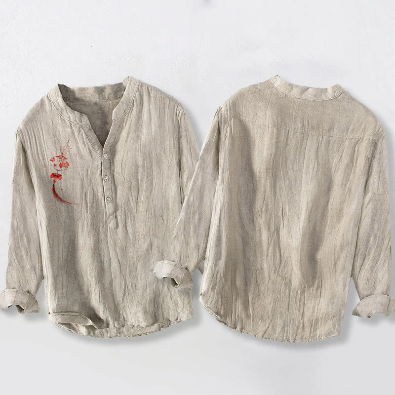 Camicia da uomo in cotone e lino a maniche lunghe con motivo a lanterna con fiori rossi Buddha Stones - image 5