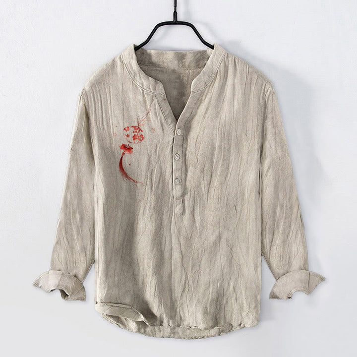 Camicia da uomo in cotone e lino a maniche lunghe con motivo a lanterna con fiori rossi Buddha Stones - Biancheria - US/UK/AU50, EU60 (5XL) - image 3