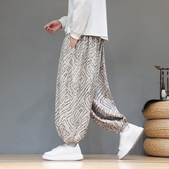 Pantaloni harem da uomo in velluto a coste di cotone e lino con tasche e coulisse, motivo Buddha Stones Fall Texture - image 1