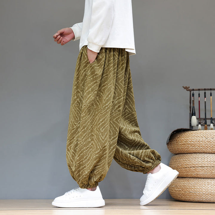 Pantaloni harem da uomo in velluto a coste di cotone e lino con tasche e coulisse, motivo Buddha Stones Fall Texture - Cachi scuro - US/UK/AU46, EU56 (5XL) - image 31