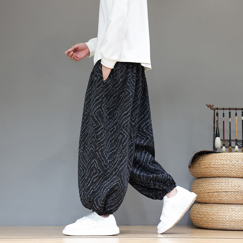 Pantaloni harem da uomo in velluto a coste di cotone e lino con tasche e coulisse, motivo Buddha Stones Fall Texture - Nero - US/UK/AU46, EU56 (5XL) - image 10