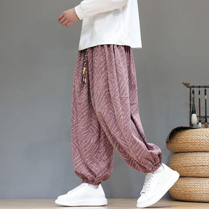 Pantaloni harem da uomo in velluto a coste di cotone e lino con tasche e coulisse, motivo Buddha Stones Fall Texture - image 23