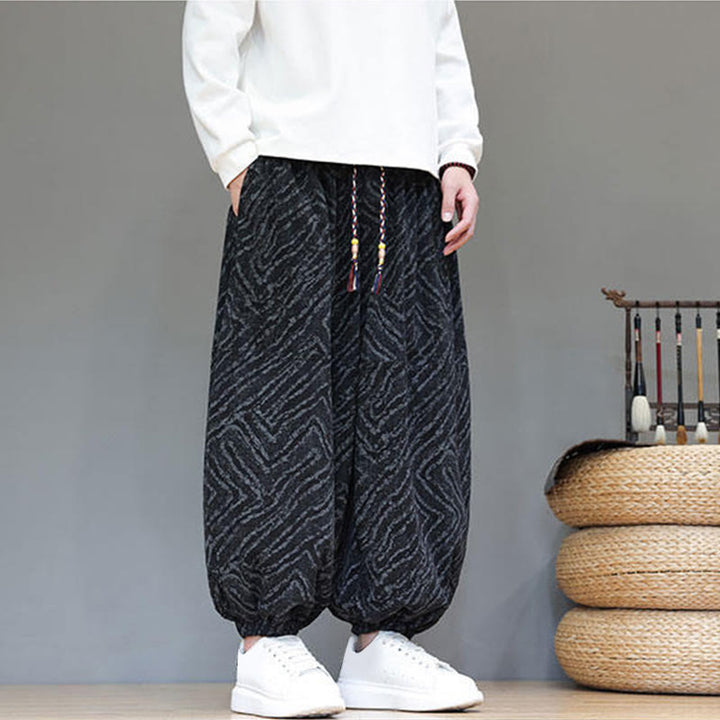 Pantaloni harem da uomo in velluto a coste di cotone e lino con tasche e coulisse, motivo Buddha Stones Fall Texture - image 12