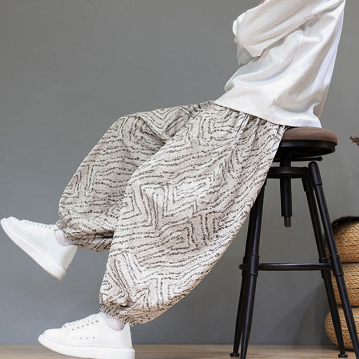 Pantaloni harem da uomo in velluto a coste di cotone e lino con tasche e coulisse, motivo Buddha Stones Fall Texture - image 9