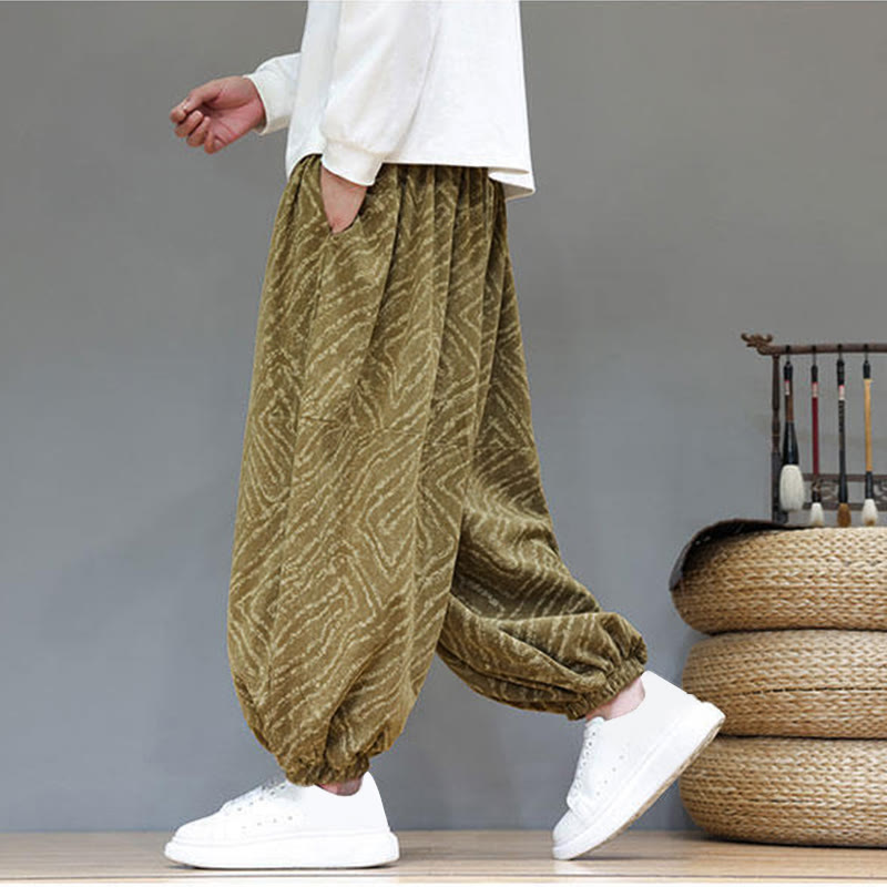 Pantaloni harem da uomo in velluto a coste di cotone e lino con tasche e coulisse, motivo Buddha Stones Fall Texture - image 37