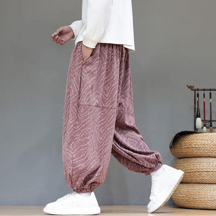Pantaloni harem da uomo in velluto a coste di cotone e lino con tasche e coulisse, motivo Buddha Stones Fall Texture - image 24