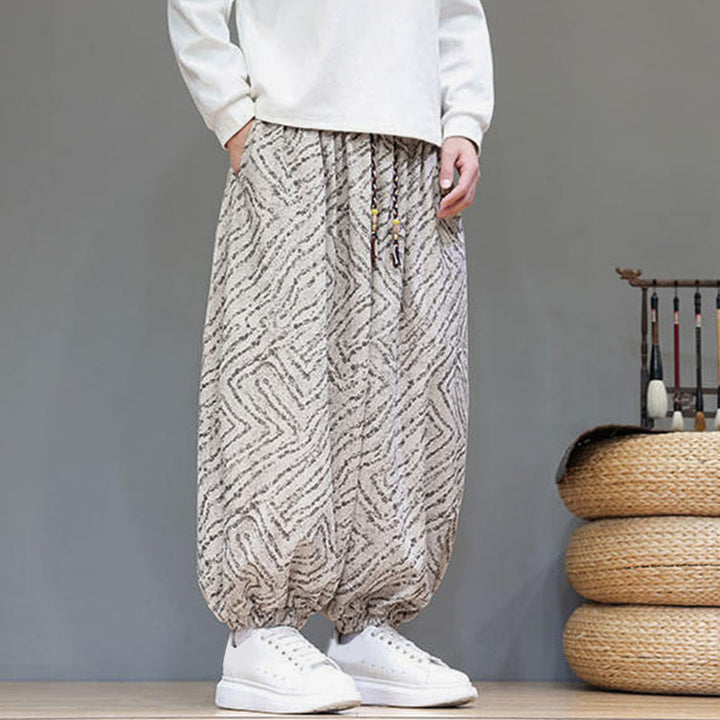 Pantaloni harem da uomo in velluto a coste di cotone e lino con tasche e coulisse, motivo Buddha Stones Fall Texture - image 5