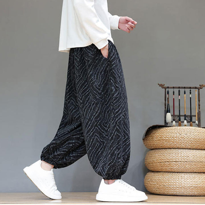 Pantaloni harem da uomo in velluto a coste di cotone e lino con tasche e coulisse, motivo Buddha Stones Fall Texture - image 15