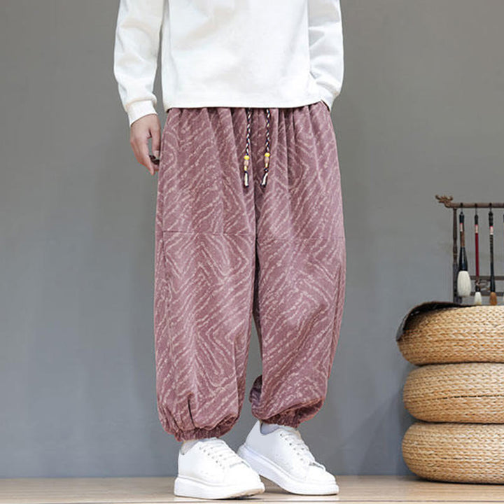 Pantaloni harem da uomo in velluto a coste di cotone e lino con tasche e coulisse, motivo Buddha Stones Fall Texture - image 22