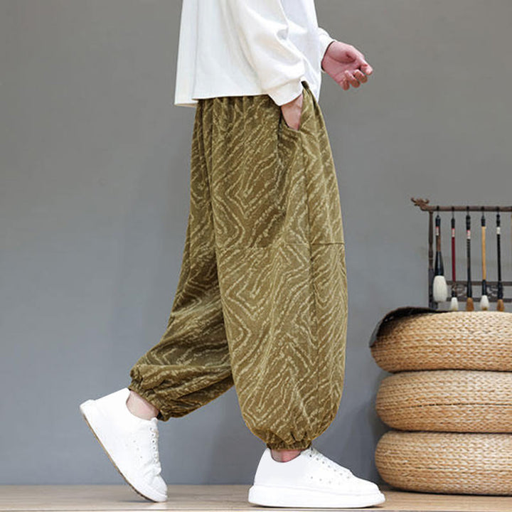 Pantaloni harem da uomo in velluto a coste di cotone e lino con tasche e coulisse, motivo Buddha Stones Fall Texture - image 33