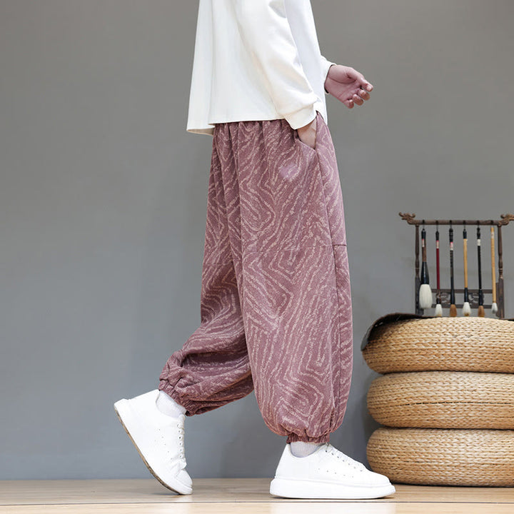 Pantaloni harem da uomo in velluto a coste di cotone e lino con tasche e coulisse, motivo Buddha Stones Fall Texture - image 27
