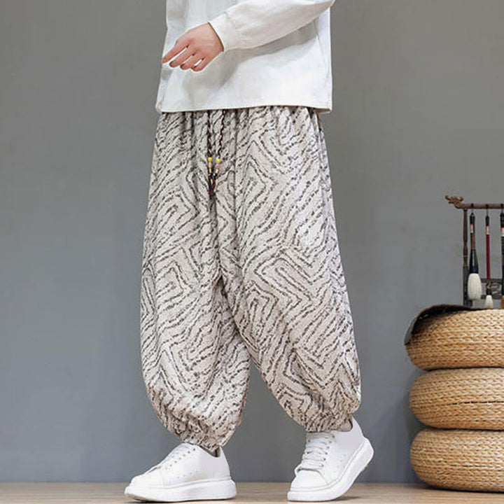 Pantaloni harem da uomo in velluto a coste di cotone e lino con tasche e coulisse, motivo Buddha Stones Fall Texture - Beige - US/UK/AU46, EU56 (5XL) - image 0