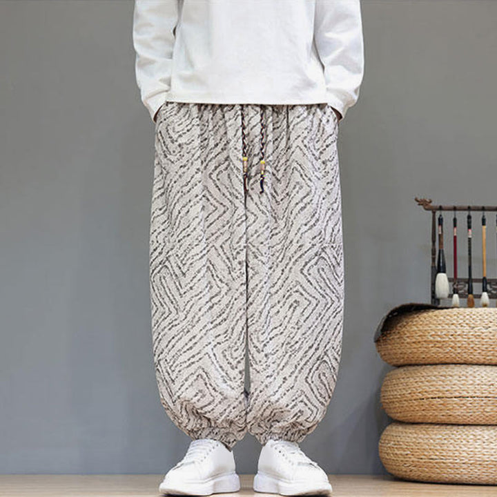 Pantaloni harem da uomo in velluto a coste di cotone e lino con tasche e coulisse, motivo Buddha Stones Fall Texture - image 2