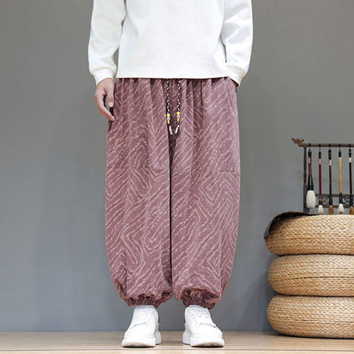 Pantaloni harem da uomo in velluto a coste di cotone e lino con tasche e coulisse, motivo Buddha Stones Fall Texture - image 26
