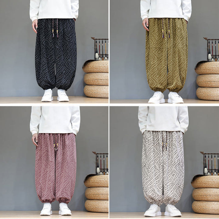 Pantaloni harem da uomo in velluto a coste di cotone e lino con tasche e coulisse, motivo Buddha Stones Fall Texture - image 40
