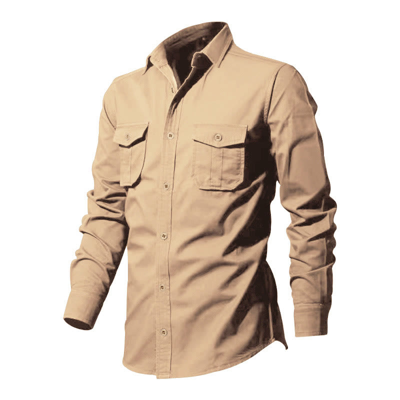 Camicia da uomo a maniche lunghe con colletto alla coreana e tasche, tinta unita, con Buddha Stones. - image 1
