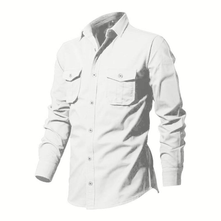Camicia da uomo a maniche lunghe con colletto alla coreana e tasche, tinta unita, con Buddha Stones. - image 7