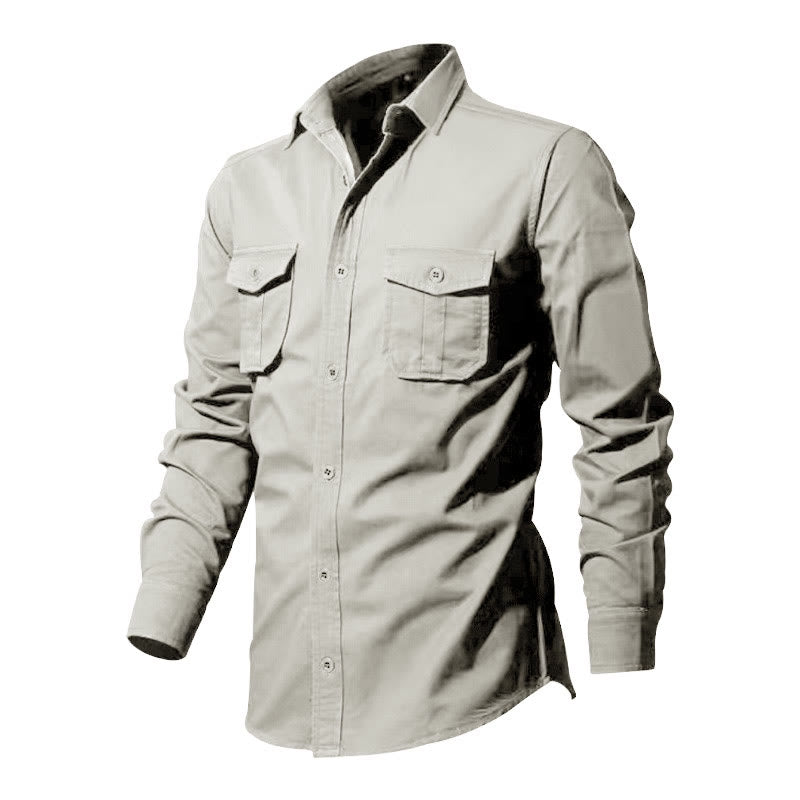 Camicia da uomo a maniche lunghe con colletto alla coreana e tasche, tinta unita, con Buddha Stones. - image 9