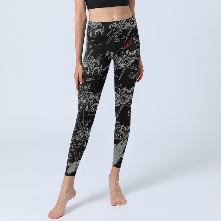 Leggings da palestra con stampa di pesci koi neri Buddha Stones, pantaloni da yoga da donna - image 5