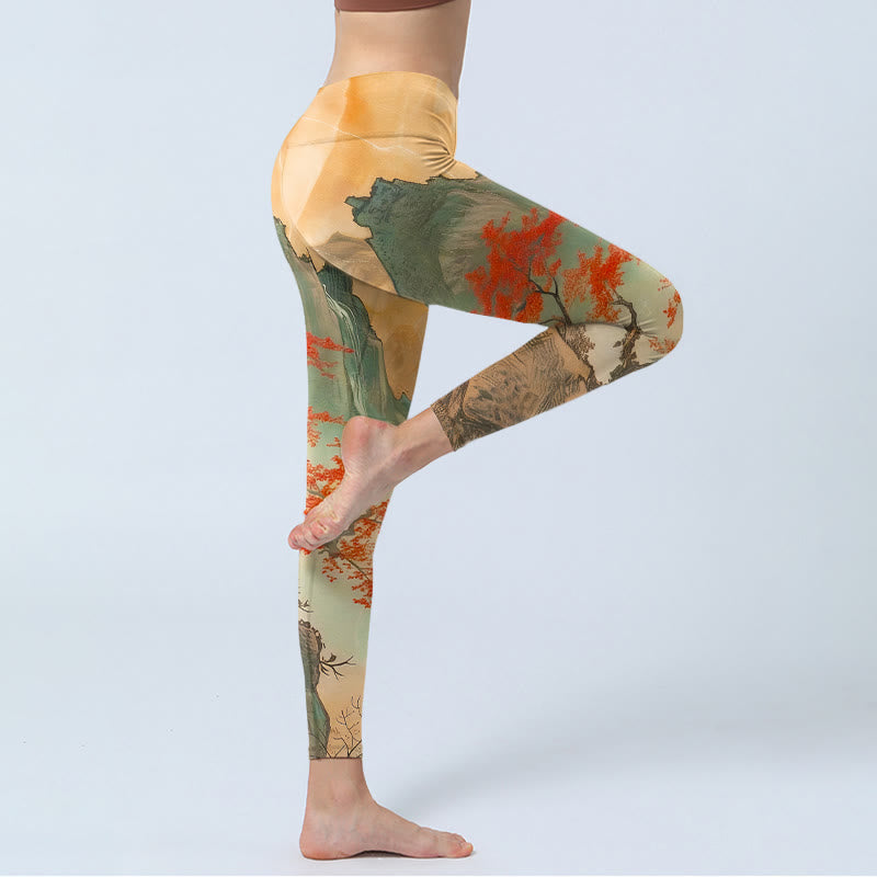 Leggings da palestra con stampa di Buddha Stones, montagne, alberi, sole nascente, pantaloni da yoga da donna - image 4