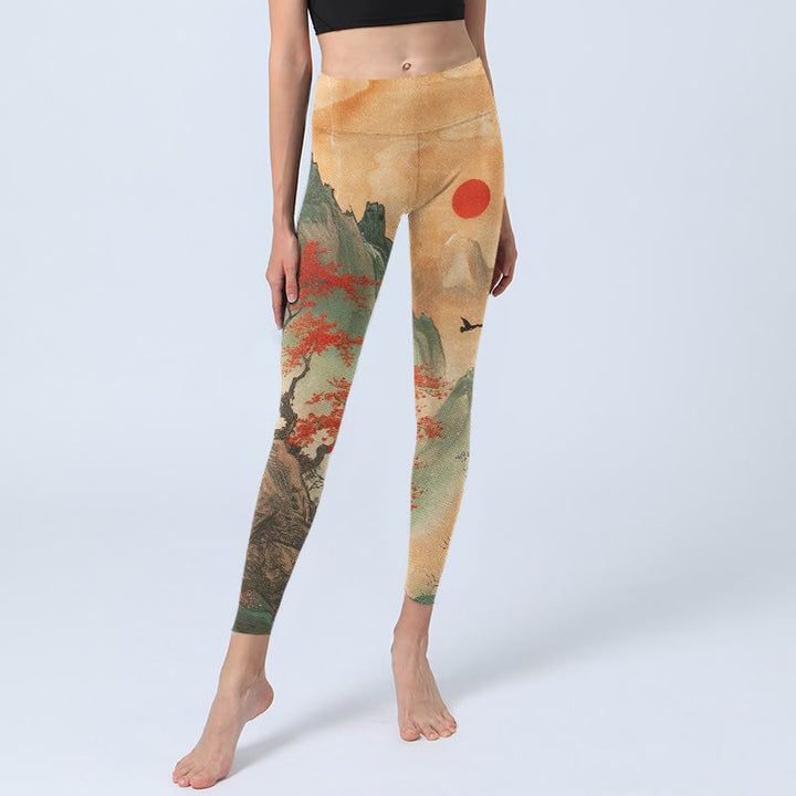 Leggings da palestra con stampa di Buddha Stones, montagne, alberi, sole nascente, pantaloni da yoga da donna - image 5