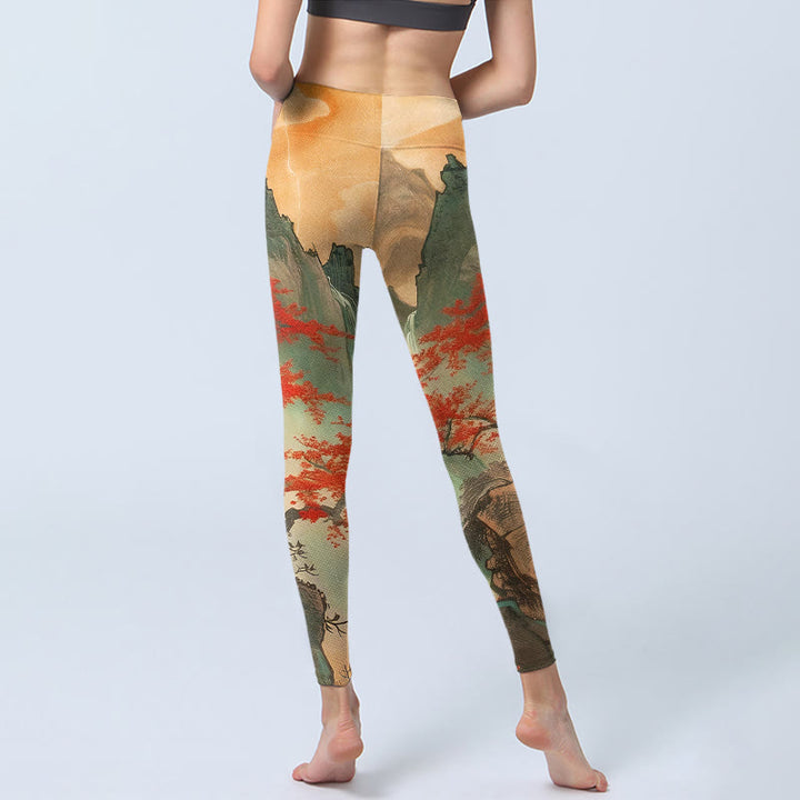 Leggings da palestra con stampa di Buddha Stones, montagne, alberi, sole nascente, pantaloni da yoga da donna - image 6