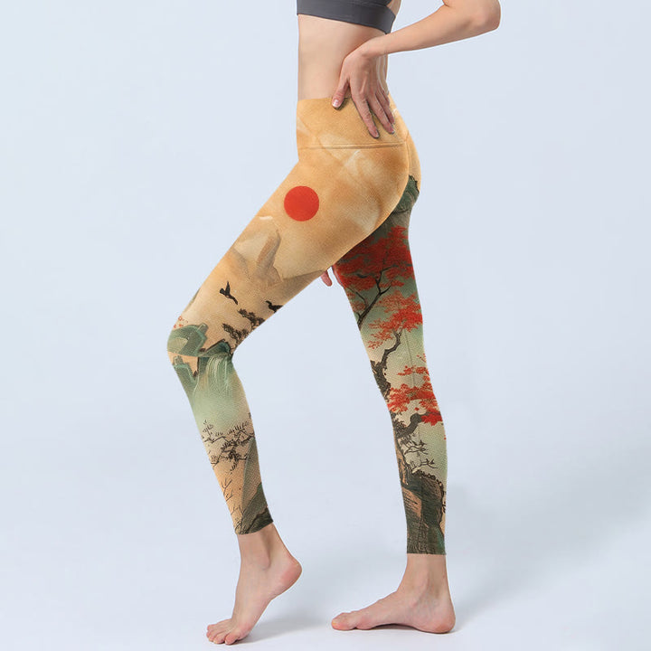 Leggings da palestra con stampa di Buddha Stones, montagne, alberi, sole nascente, pantaloni da yoga da donna - image 2
