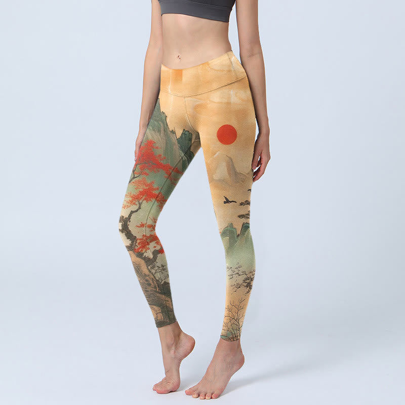 Leggings da palestra con stampa di Buddha Stones, montagne, alberi, sole nascente, pantaloni da yoga da donna - SandyBrown - US18, UK/AU22, EU50 (4XL) - image 0
