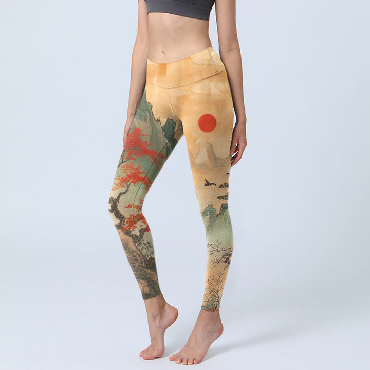 Leggings da palestra con stampa di Buddha Stones, montagne, alberi, sole nascente, pantaloni da yoga da donna - SandyBrown - US18, UK/AU22, EU50 (4XL) - image 0