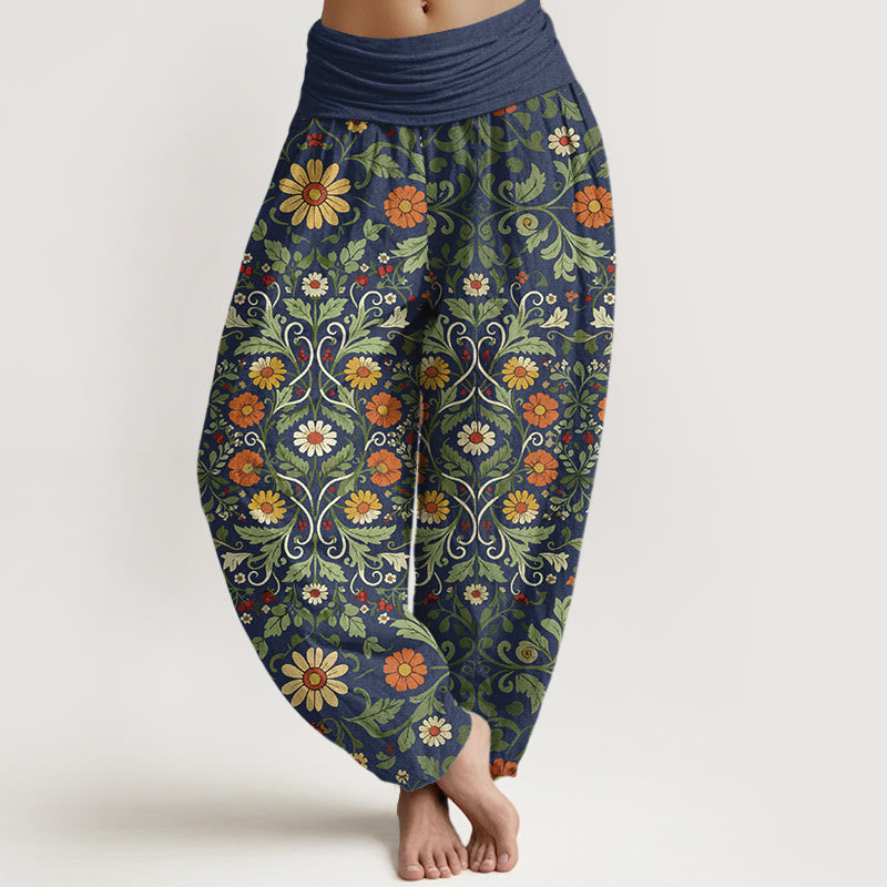Pantaloni harem da donna con elastico in vita, in puro cotone, con fiori colorati Buddha Stones - DarkSlateBlue - US16, UK/AU20, EU48 (3XL) - image 0