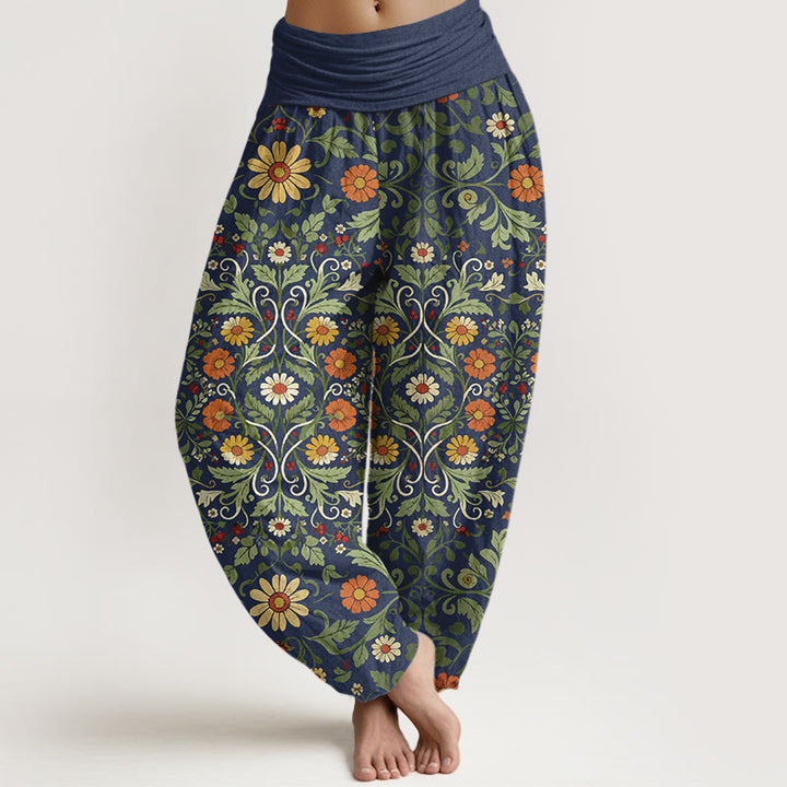 Pantaloni harem da donna con elastico in vita, in puro cotone, con fiori colorati Buddha Stones - DarkSlateBlue - US16, UK/AU20, EU48 (3XL) - image 0