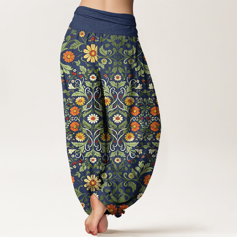Pantaloni harem da donna con elastico in vita, in puro cotone, con fiori colorati Buddha Stones - image 1