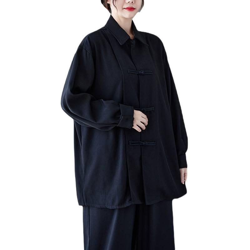 Camicia da donna in cotone a maniche lunghe con risvolto e bottoni a rana, tinta unita, Buddha Stones, nera - image 7