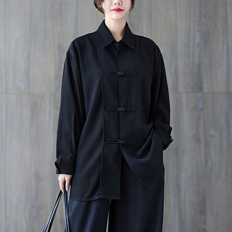 Camicia da donna in cotone a maniche lunghe con risvolto e bottoni a rana, tinta unita, Buddha Stones, nera - image 3