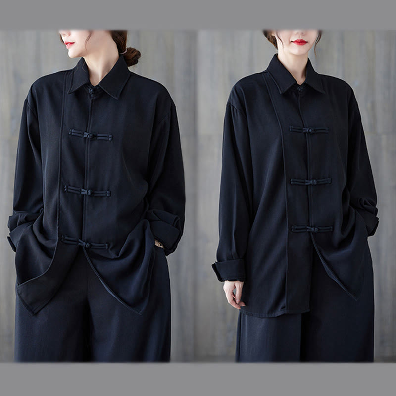 Camicia da donna in cotone a maniche lunghe con risvolto e bottoni a rana, tinta unita, Buddha Stones, nera - image 5