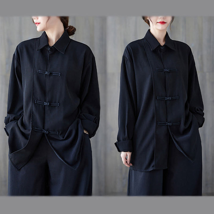 Camicia da donna in cotone a maniche lunghe con risvolto e bottoni a rana, tinta unita, Buddha Stones, nera - image 5