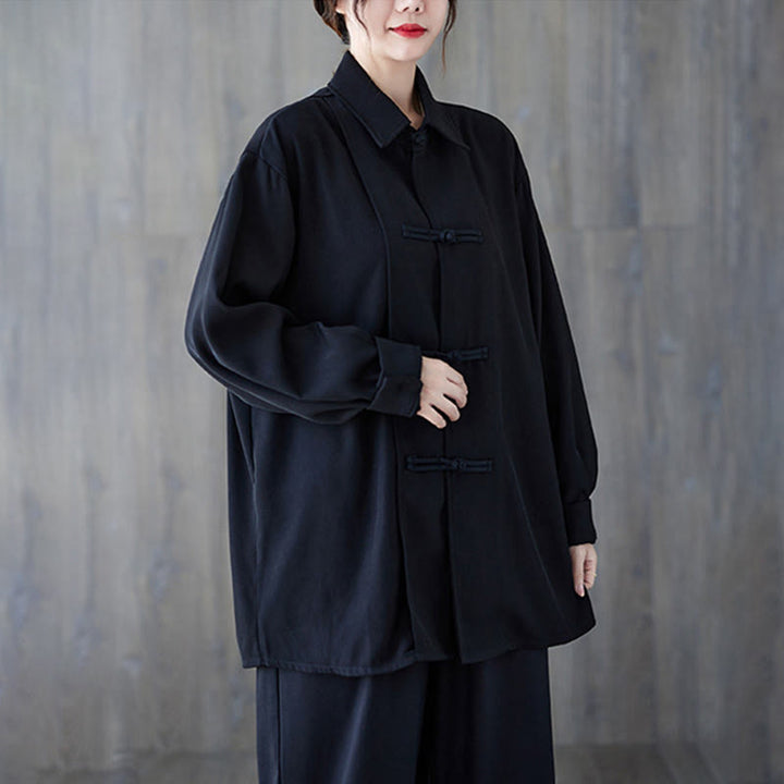 Camicia da donna in cotone a maniche lunghe con risvolto e bottoni a rana, tinta unita, Buddha Stones, nera - image 4