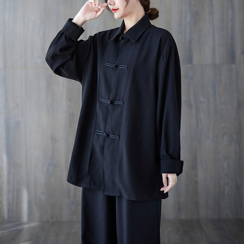 Camicia da donna in cotone a maniche lunghe con risvolto e bottoni a rana, tinta unita, Buddha Stones, nera - image 1