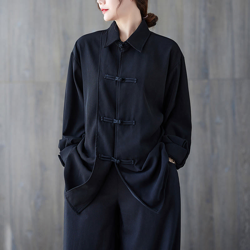 Camicia da donna in cotone a maniche lunghe con risvolto e bottoni a rana, tinta unita, Buddha Stones, nera - Nero - US12, UK/AU16, EU44 (XL) - image 0