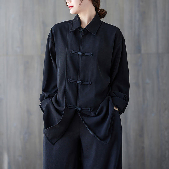 Camicia da donna in cotone a maniche lunghe con risvolto e bottoni a rana, tinta unita, Buddha Stones, nera - Nero - US12, UK/AU16, EU44 (XL) - image 0