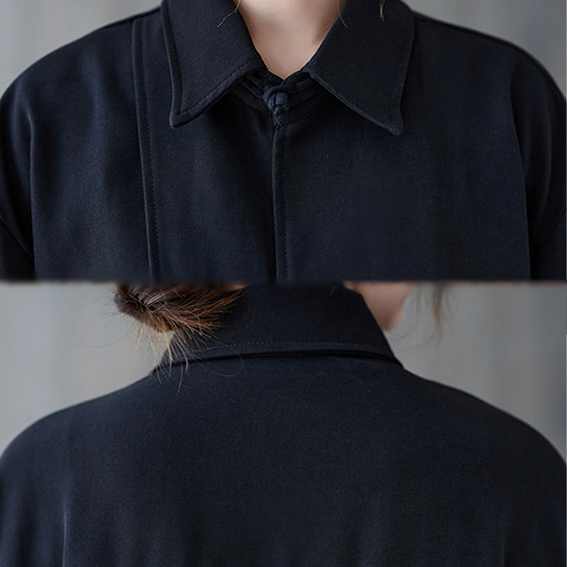 Camicia da donna in cotone a maniche lunghe con risvolto e bottoni a rana, tinta unita, Buddha Stones, nera - image 10