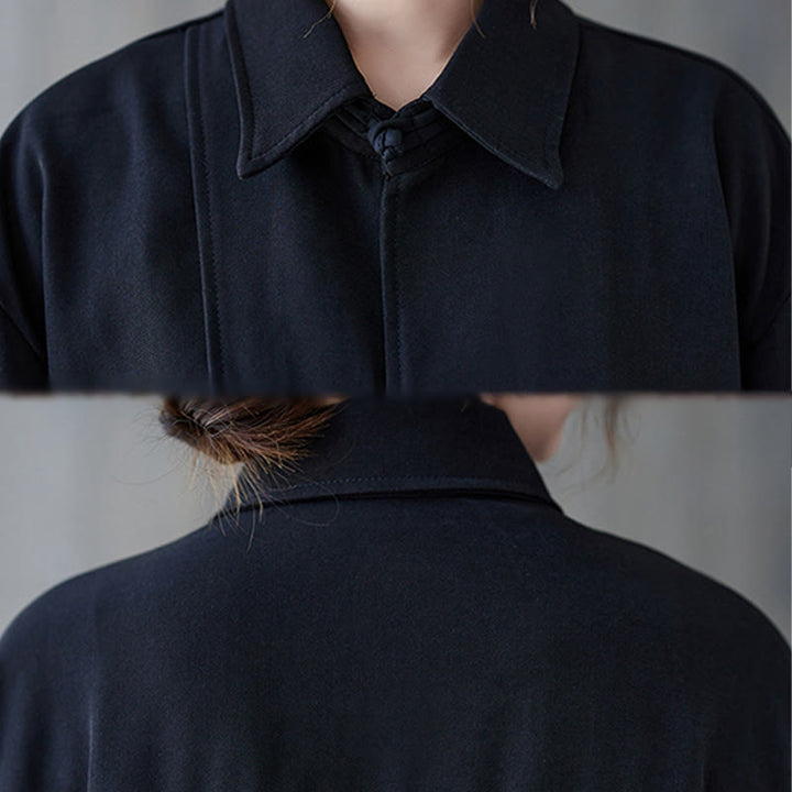 Camicia da donna in cotone a maniche lunghe con risvolto e bottoni a rana, tinta unita, Buddha Stones, nera - image 10