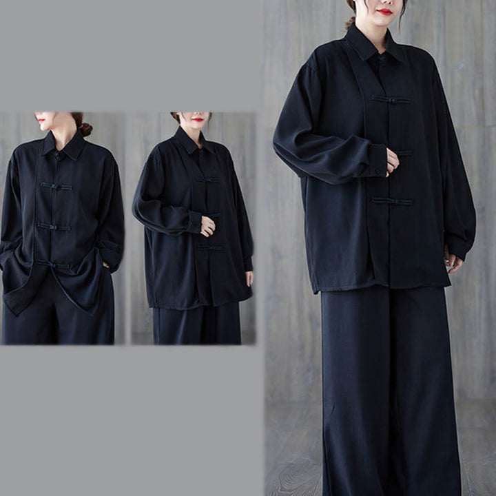 Camicia da donna in cotone a maniche lunghe con risvolto e bottoni a rana, tinta unita, Buddha Stones, nera - image 6