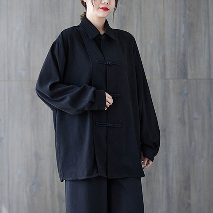 Camicia da donna in cotone a maniche lunghe con risvolto e bottoni a rana, tinta unita, Buddha Stones, nera - image 2