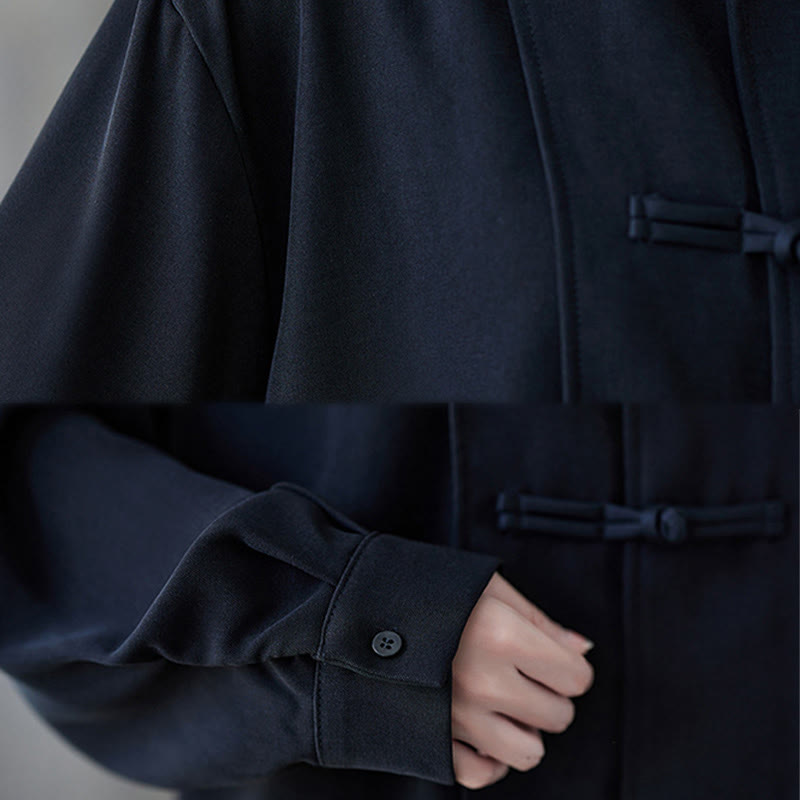 Camicia da donna in cotone a maniche lunghe con risvolto e bottoni a rana, tinta unita, Buddha Stones, nera - image 11