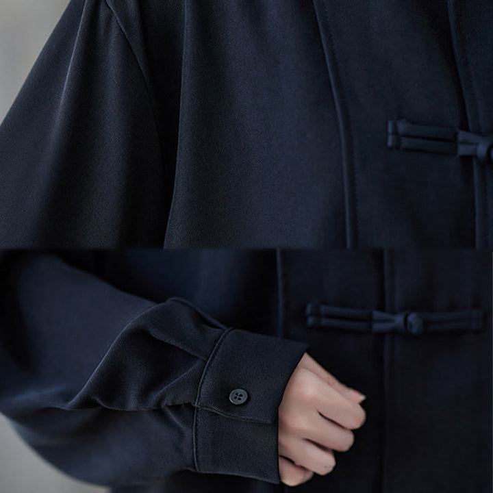 Camicia da donna in cotone a maniche lunghe con risvolto e bottoni a rana, tinta unita, Buddha Stones, nera - image 11