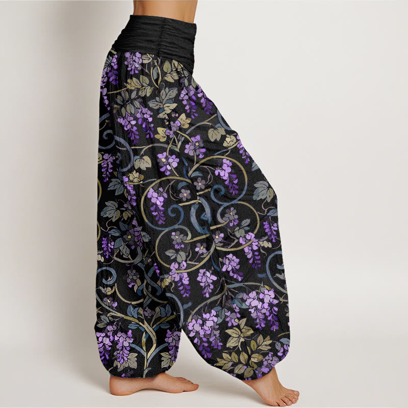 Pantaloni harem da donna con elastico in vita, stile retrò, in puro cotone, con splendidi glicini, motivo Buddha Stones - image 2